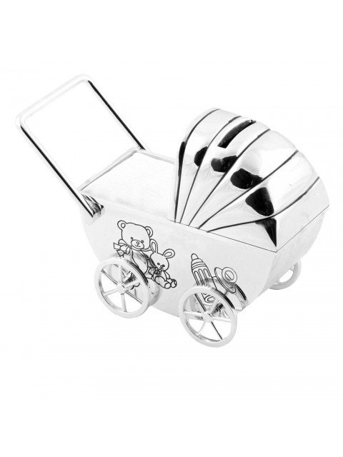 Bambino Silverplate Money Box Pram/Moving Wheels White